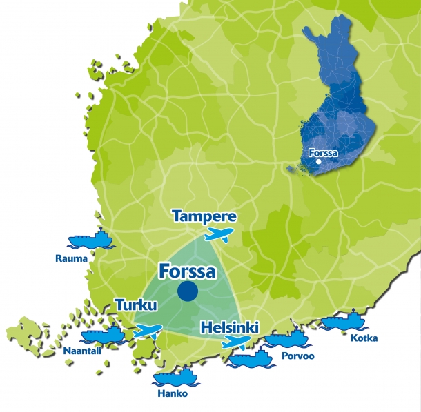 Southern Finland with Forssa and major cities, airports and harbours